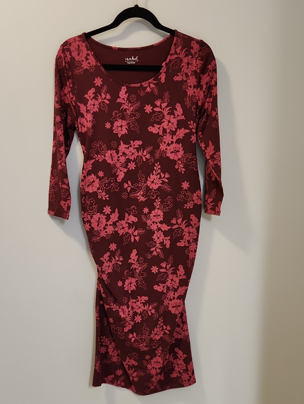 Isabel Maternity Burgundy Floral Bodycon Dress Long Sleeve Size Medium‎ NWT